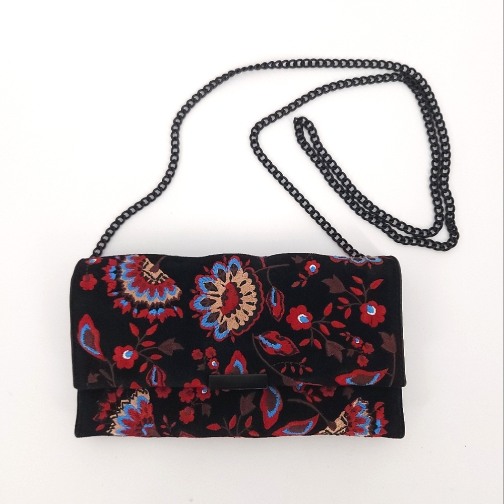 Loeffler Randall Black Suede Embroidered Floral Clutch Crossbody Bag